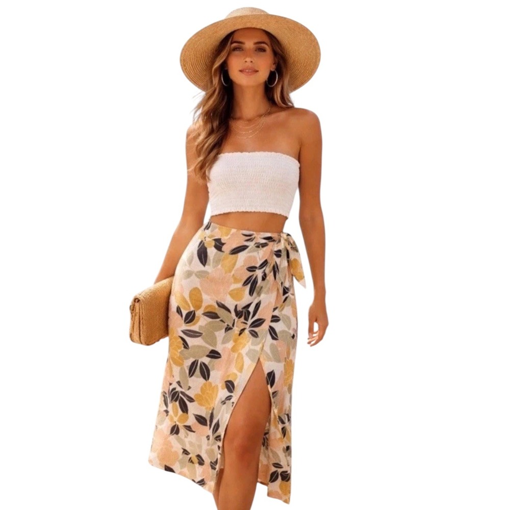 Rachel Zoe Tropical Bohemian 100% Linen Floral Wrap Midi Skirt Womens Size Small